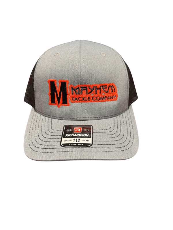 mayhem heather grey tackle hat orange and black logo