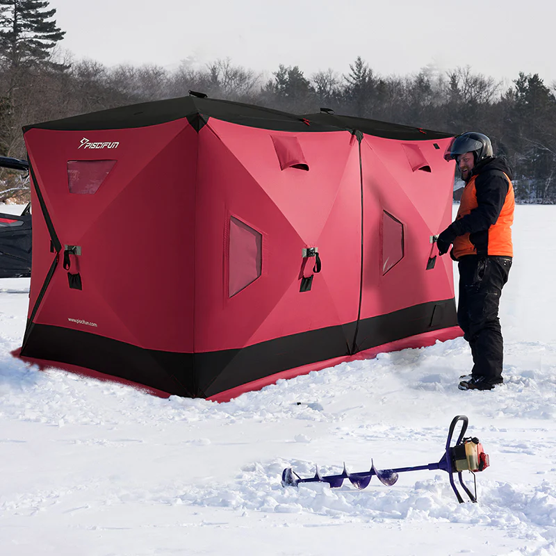 PISCIFUN PORTABLE 4-6 PERSON ICE FISHING SHELTER, 2-IN-1 POP-UP ICE FISHING  TENT, FROST RESISTANCE & RETARDANT ICE FISHING SHANTY WITH 2 DOORS